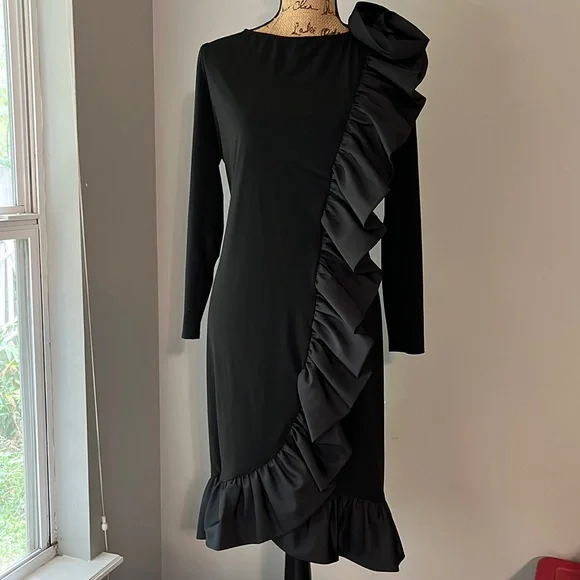 Gilberts For Tally Dresses | Gilberts For Tally Pencil Dress Vintage 70s Asymmetric Ruffle | Color: Black | Size: 8 | Sunshinekl's Closet